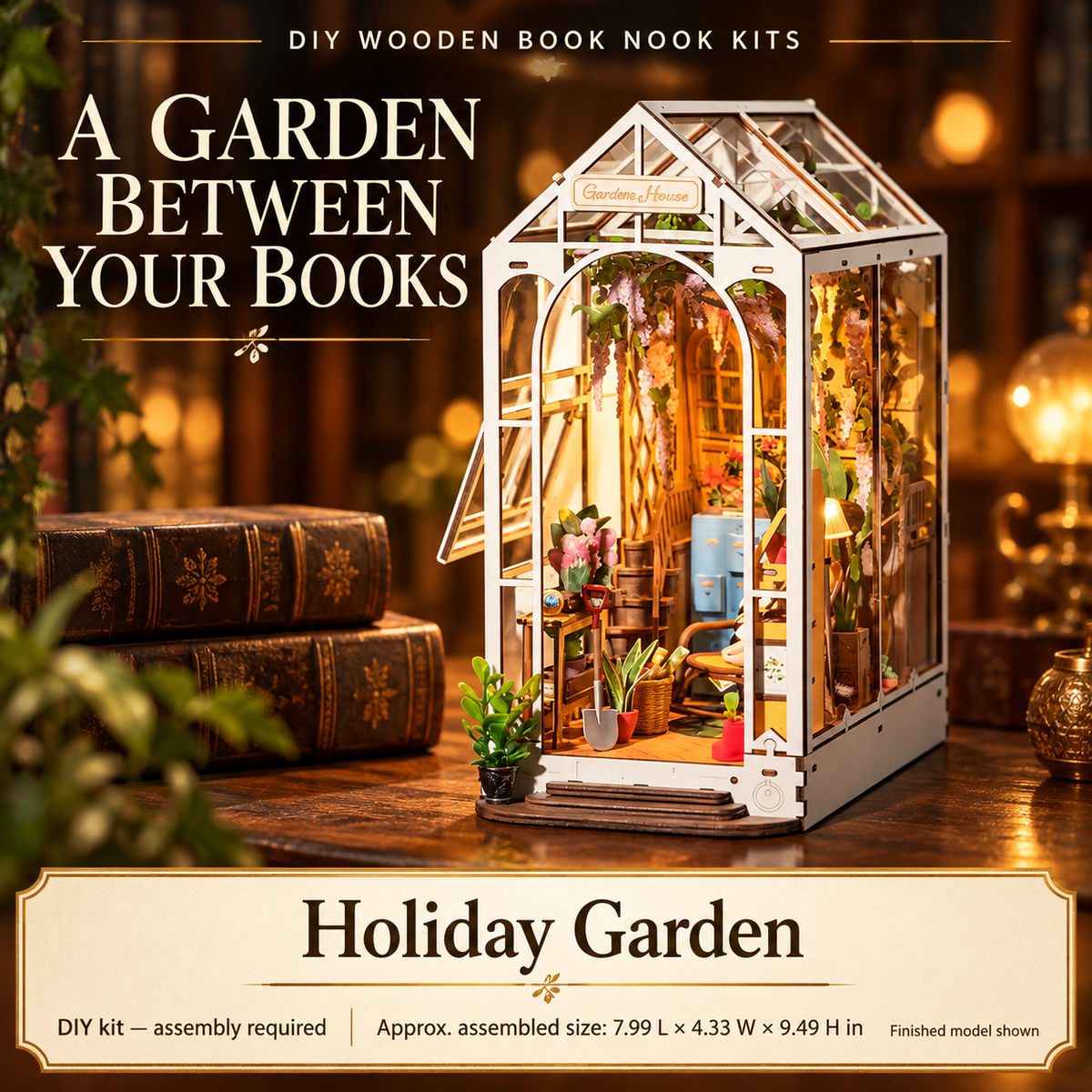 Holiday Garden DIY wooden book nook kit, assembled model shown; assembly required