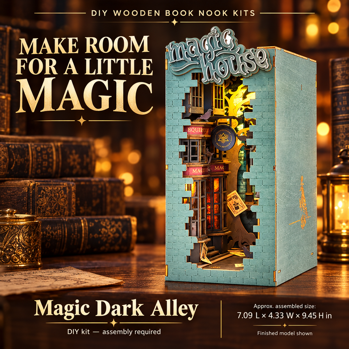Magic Dark Alley DIY wooden book nook kit, assembled model shown; assembly required