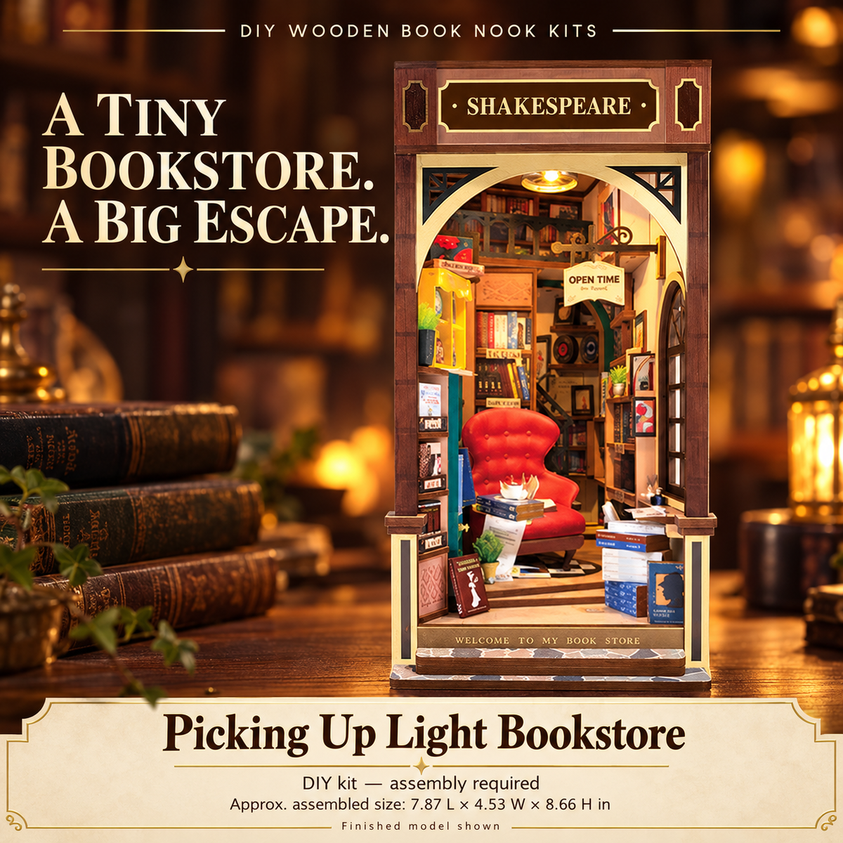 Picking Up Light Bookstore DIY wooden book nook kit, assembled model shown; assembly required