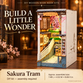 Sakura Tram DIY wooden book nook kit, assembled model shown; assembly required