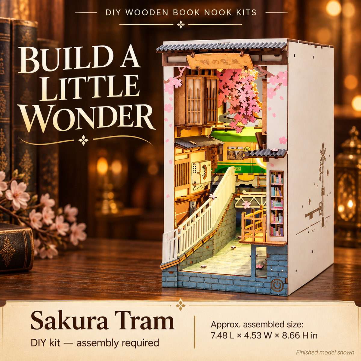 Sakura Tram DIY wooden book nook kit, assembled model shown; assembly required