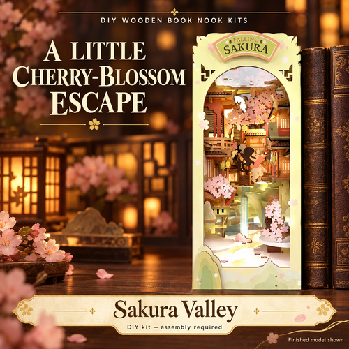 Sakura Valley DIY wooden book nook kit, assembled model shown; assembly required