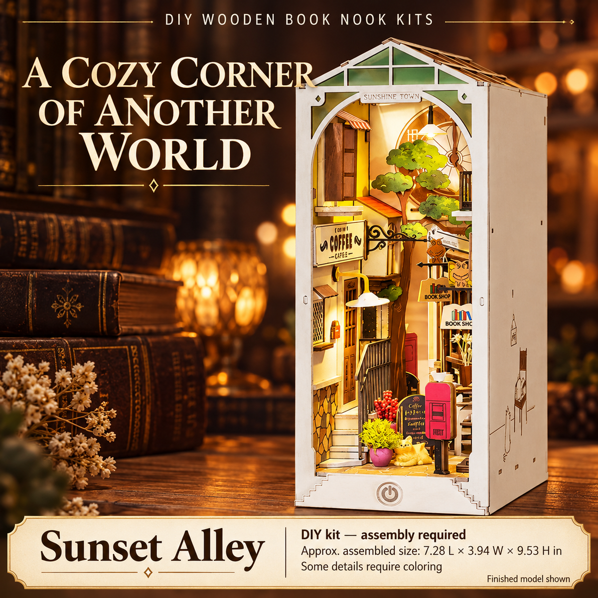 Sunset Alley DIY wooden book nook kit, assembled model shown; assembly required