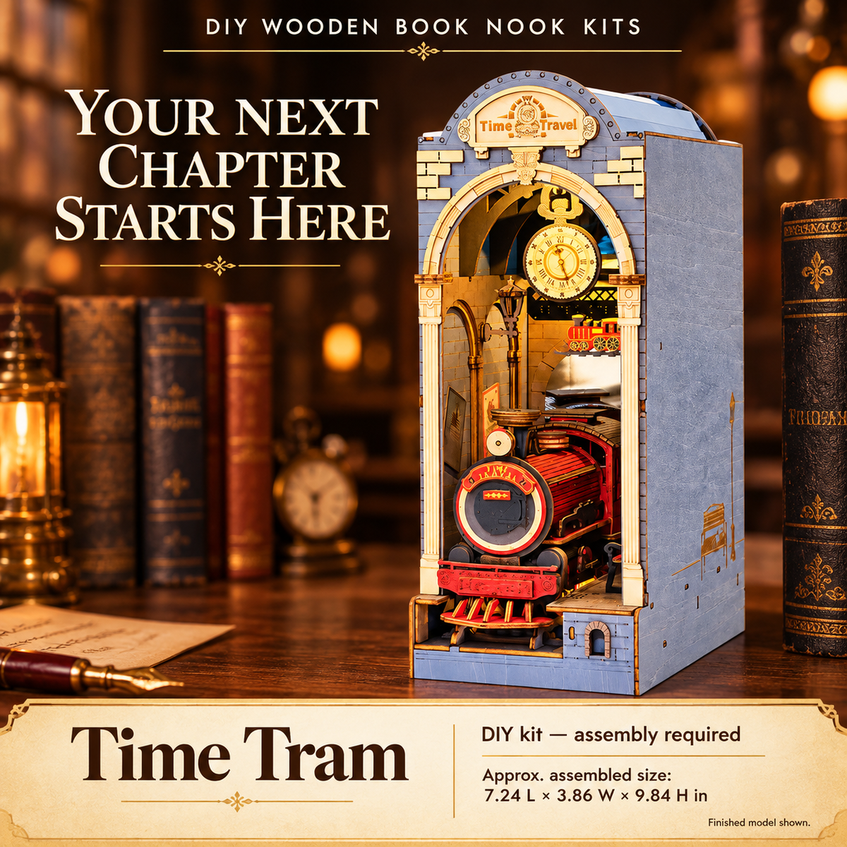 Time Tram DIY wooden book nook kit, assembled model shown; assembly required