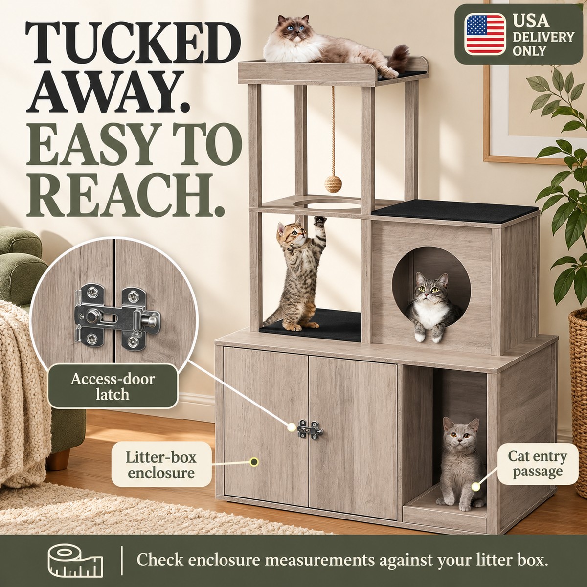 Cat tower and litter box enclosure — cabinet — USA delivery only