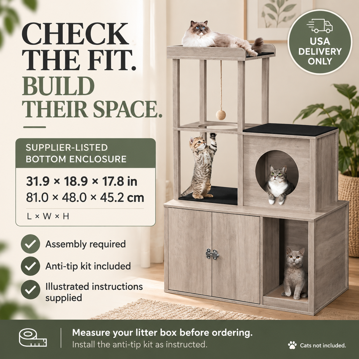 Cat tower and litter box enclosure — fit-assembly — USA delivery only