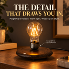 Close-up of a glowing bulb floating above the wood-grain style round base
