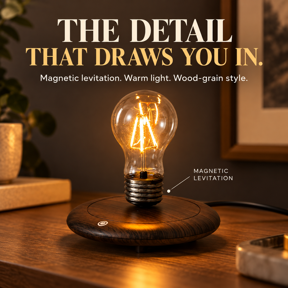 Close-up of a glowing bulb floating above the wood-grain style round base