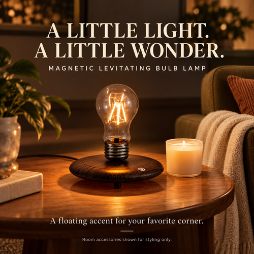 Floating bulb lamp on a cozy side table; room accessories not included