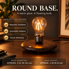 Round base floating bulb lamp with supplier-listed magnetic levitation, automatic rotation and touch dimming; base dimensions in inches and centimeters