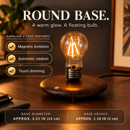 Round base floating bulb lamp with supplier-listed magnetic levitation, automatic rotation and touch dimming; base dimensions in inches and centimeters