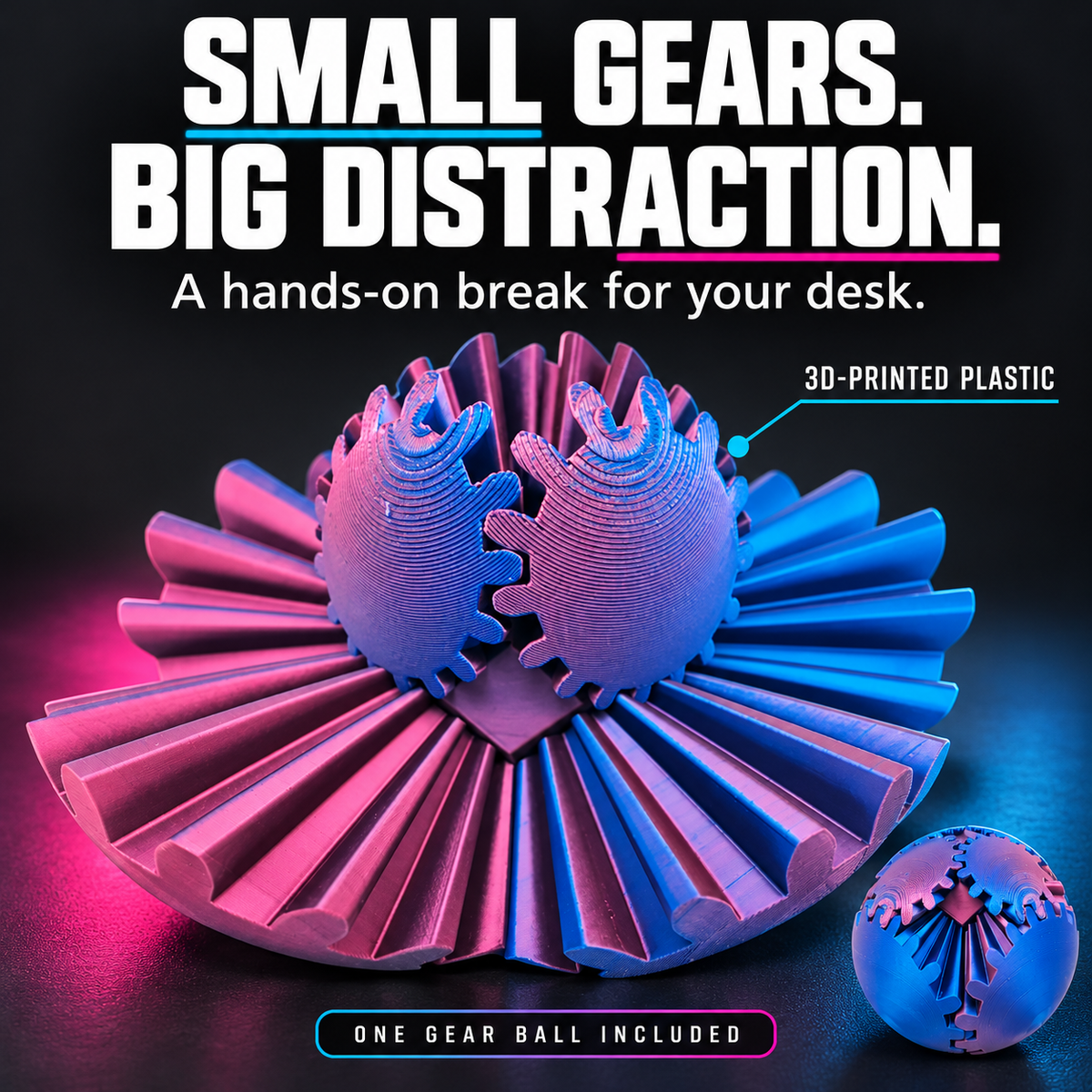 Pink and blue 3D-printed plastic gear ball close-up