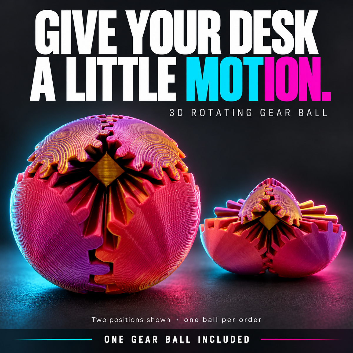Pink and gold rotating gear ball shown closed and open; one ball included