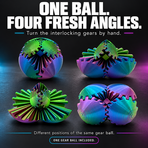 Green multicolor gear ball shown in four hand-rotated positions