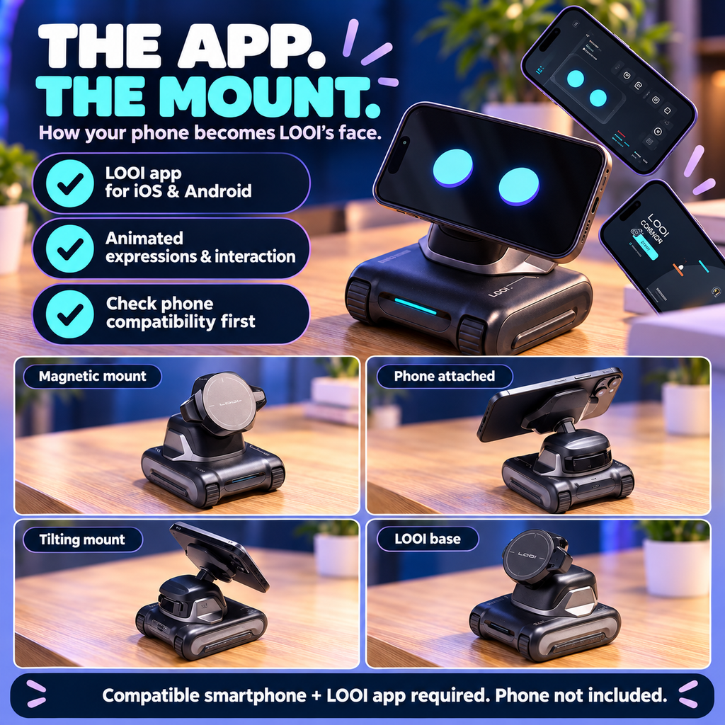 LOOI app and magnetic phone mount detail views; compatible smartphone and LOOI app required