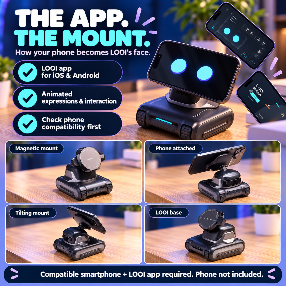 LOOI app and magnetic phone mount detail views; compatible smartphone and LOOI app required