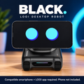 Black LOOI robot with a smartphone showing animated eyes; phone not included
