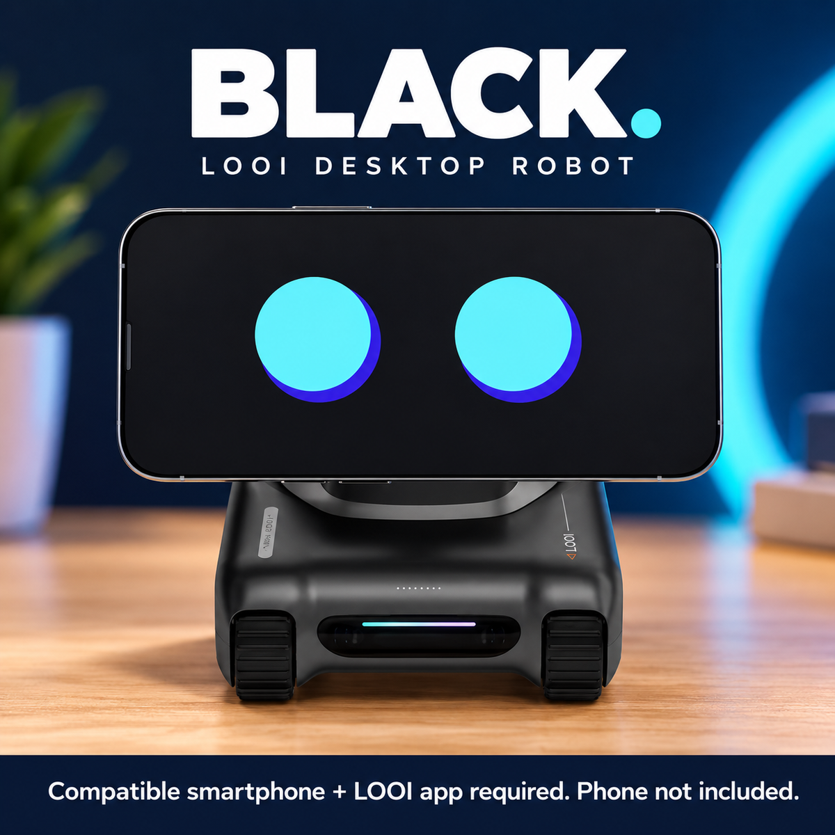 Black LOOI robot with a smartphone showing animated eyes; phone not included