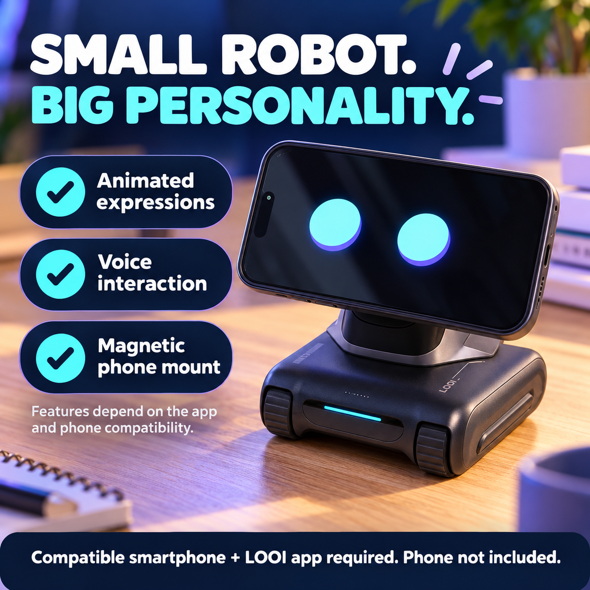 LOOI features: animated expressions, voice interaction and magnetic phone mount; compatible phone and app required