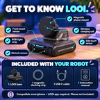 LOOI hardware callouts and included base, docking ring, USB-C cable and manual; phone not included