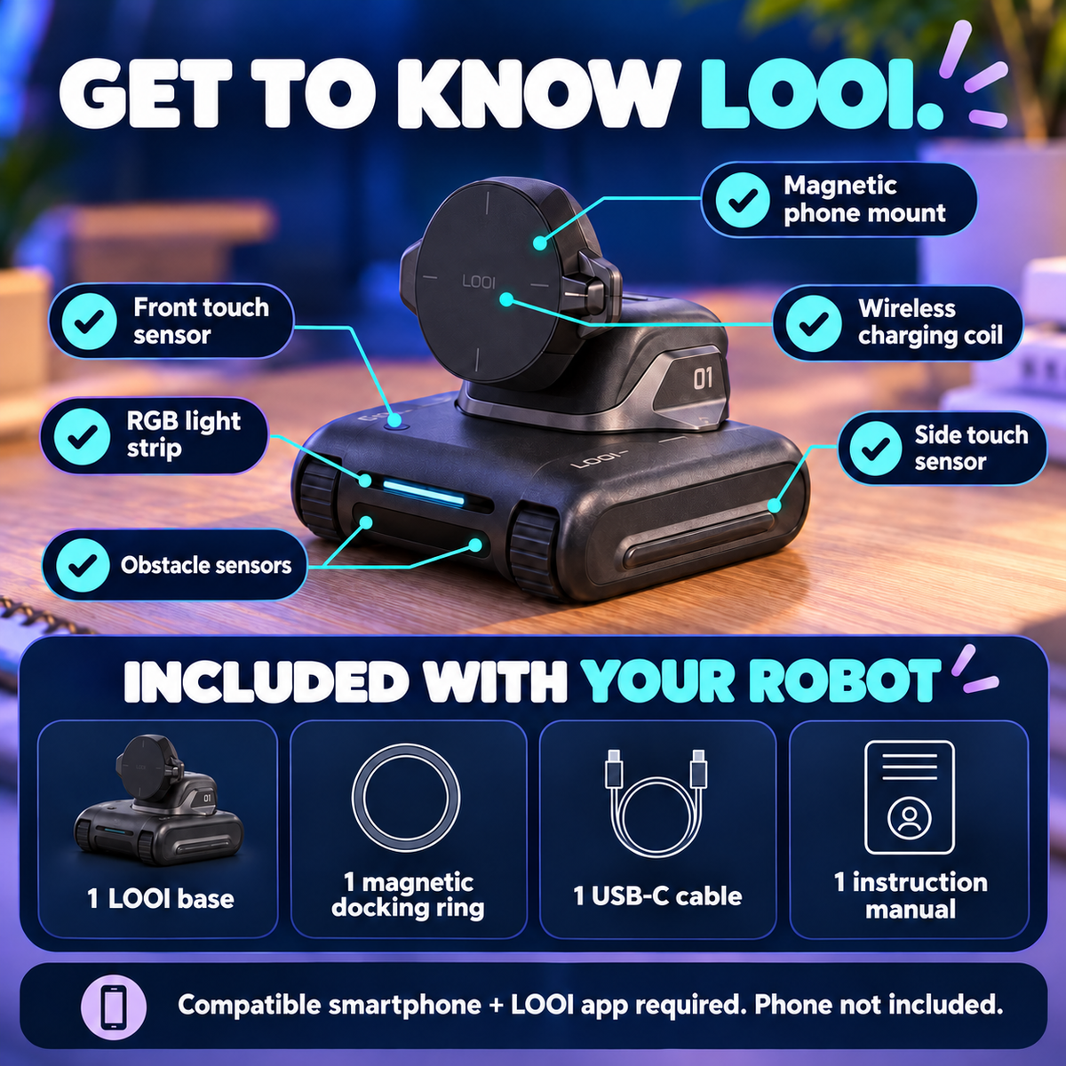 LOOI hardware callouts and included base, docking ring, USB-C cable and manual; phone not included