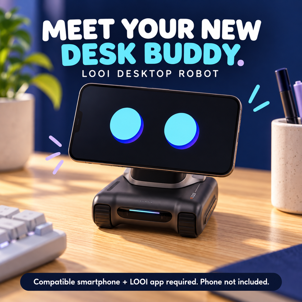 LOOI desktop robot on a desk with a compatible smartphone; phone not included
