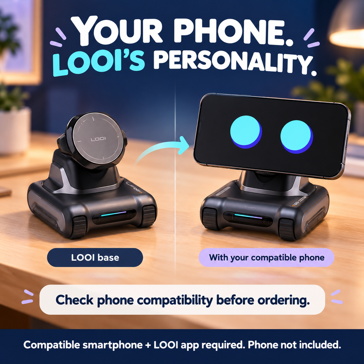 LOOI base without and with a compatible smartphone; phone not included