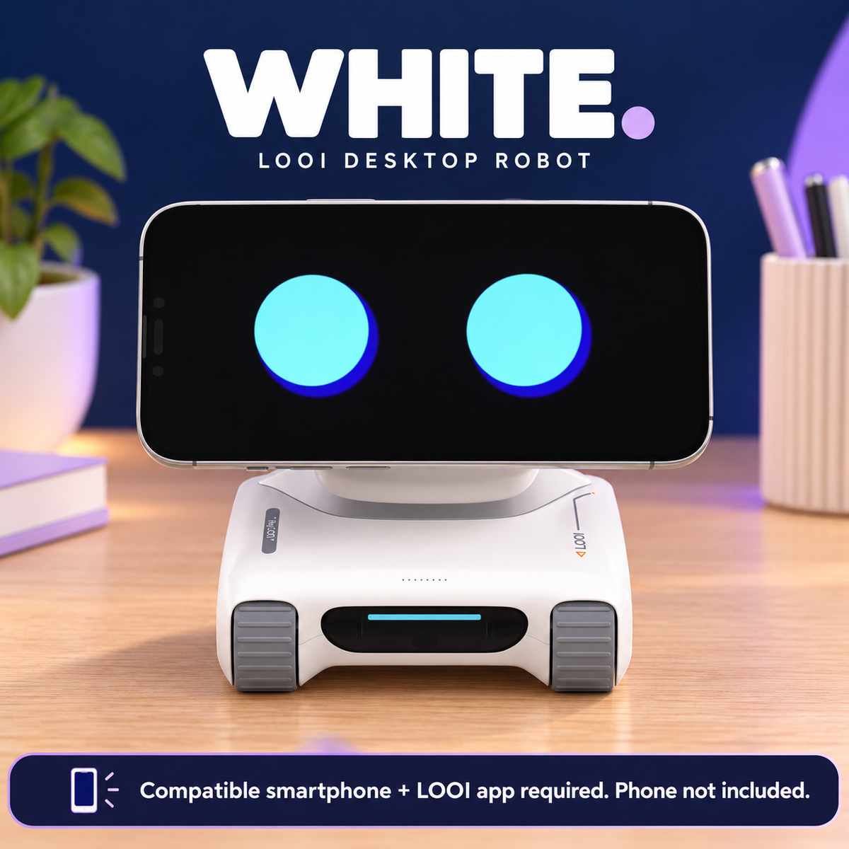 White LOOI robot with a smartphone showing animated eyes; phone not included