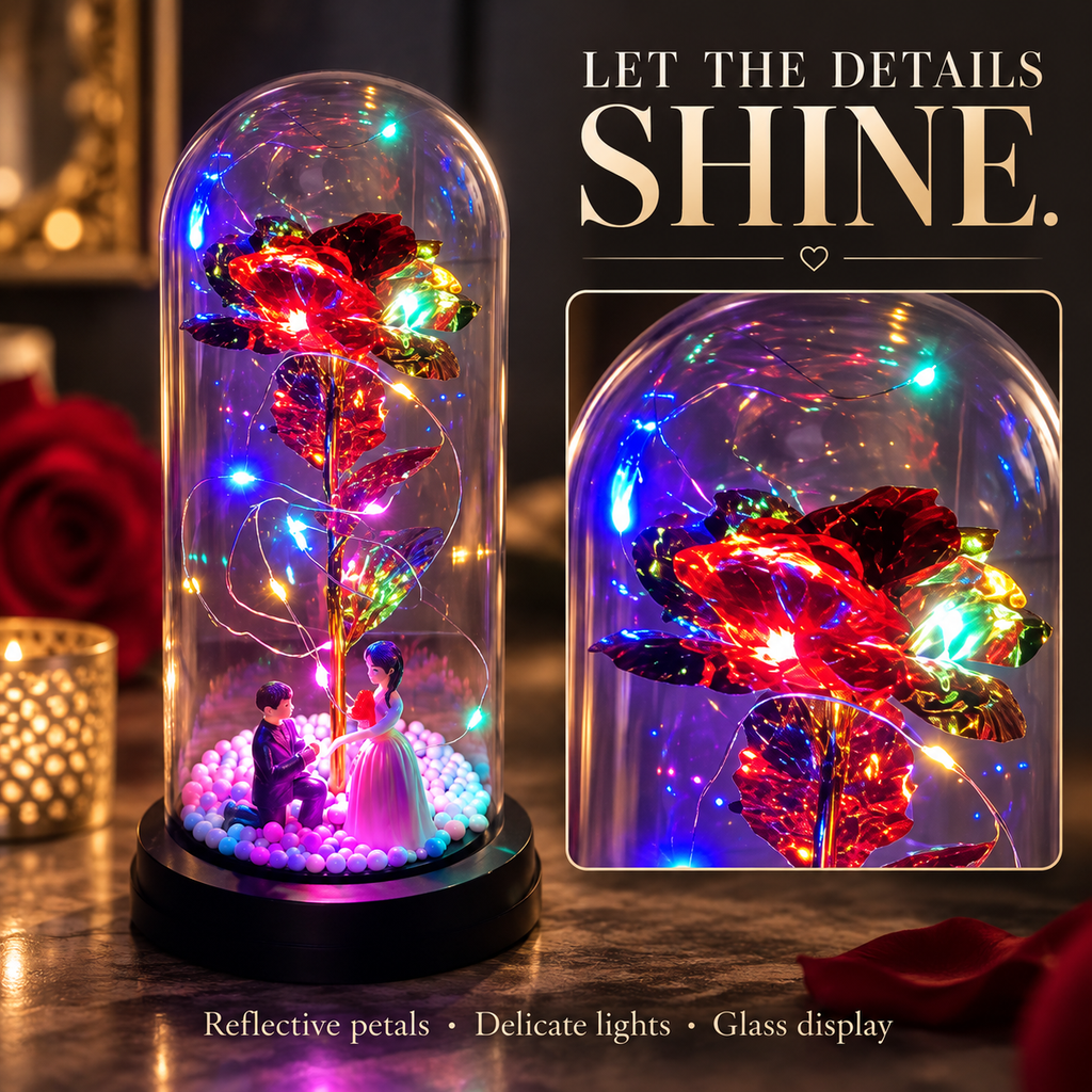 Close-up of reflective foil-style rose petals and delicate multicolored lights