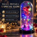 Luxe Glow Rose features: foil-style rose, multicolored LEDs and clear glass dome