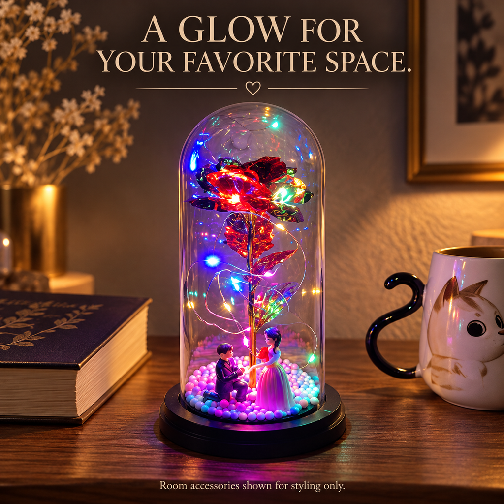 Luxe Glow Rose beside a book and mug for scale; room accessories not included
