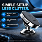 Phone holder features: magnetic face, 360-degree adjustment and adhesive dashboard base; phone not included