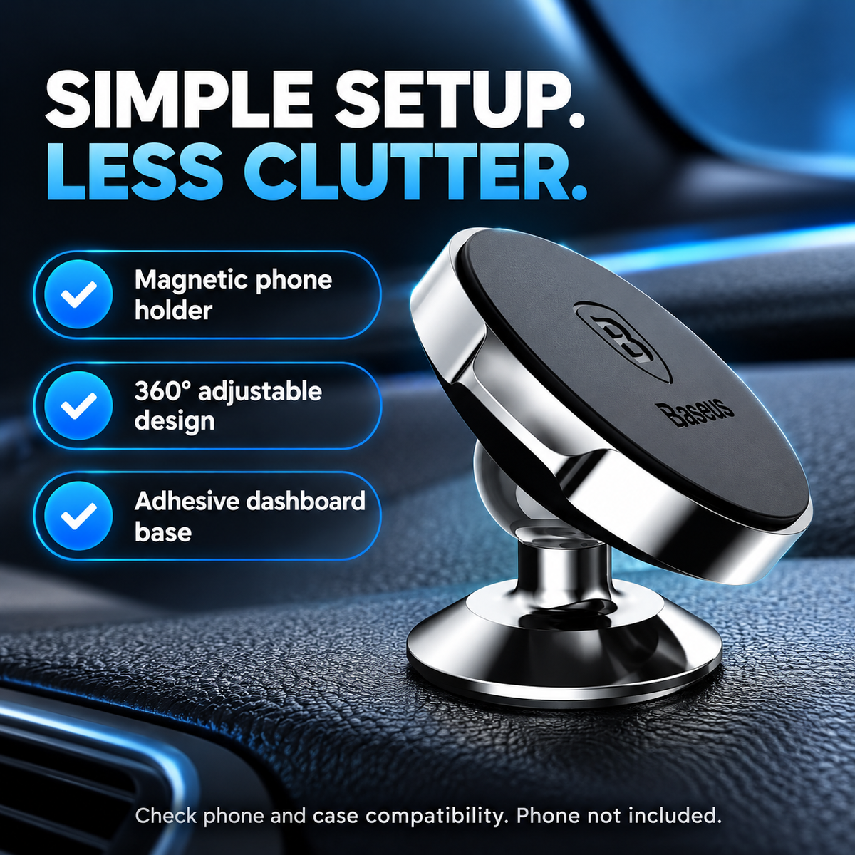 Phone holder features: magnetic face, 360-degree adjustment and adhesive dashboard base; phone not included