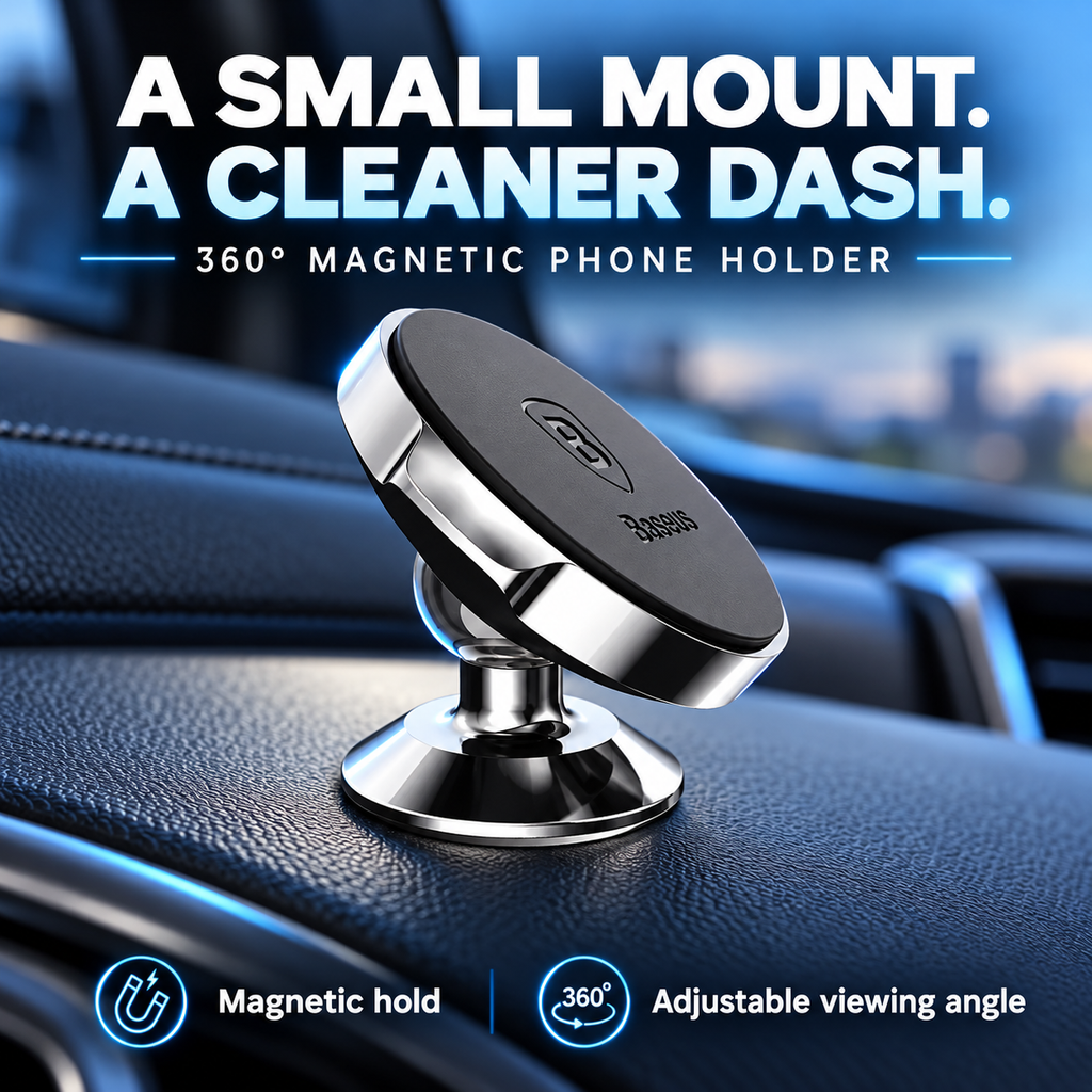 Compact black and silver magnetic phone holder mounted on a dashboard