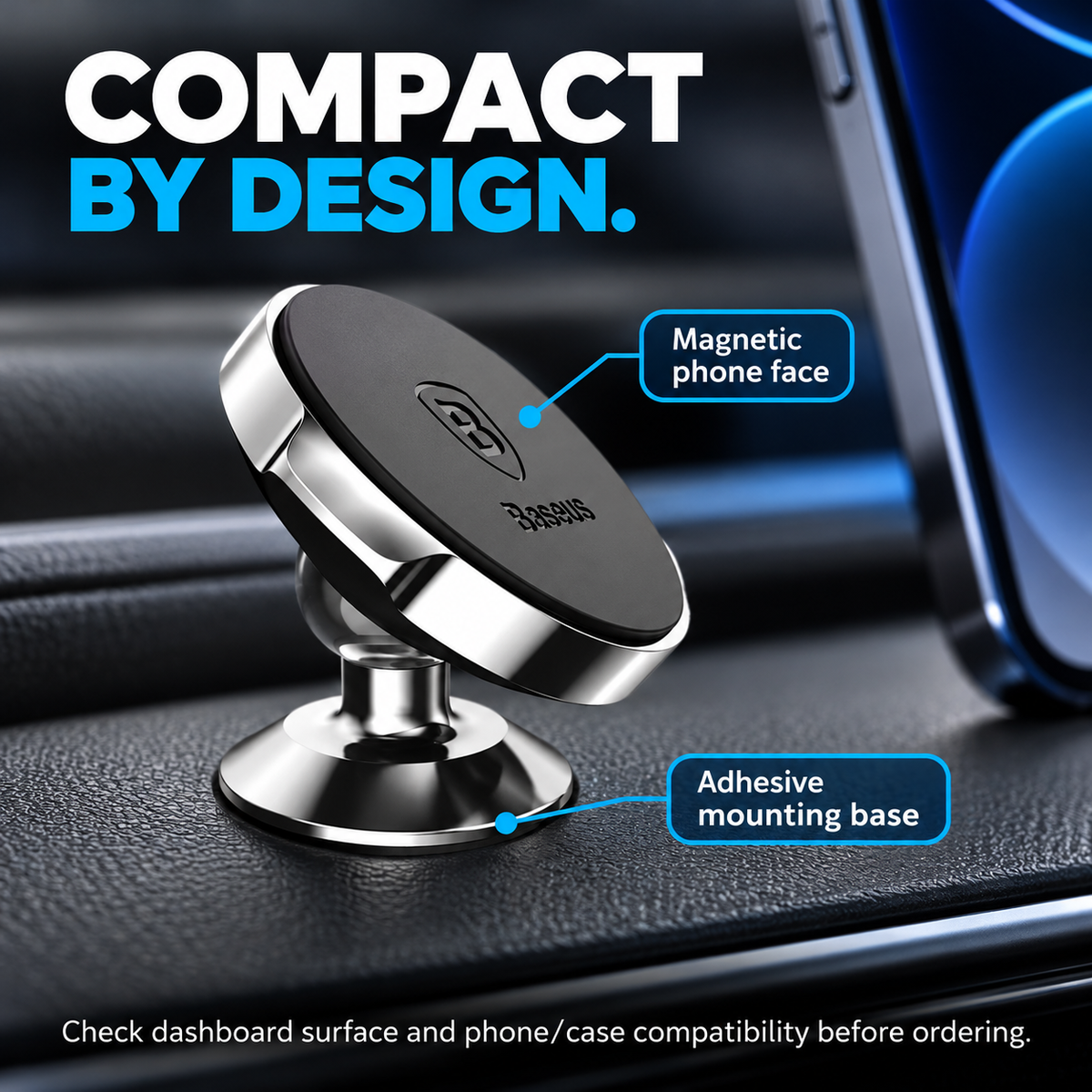 Close-up of the magnetic phone face and adhesive dashboard mounting base