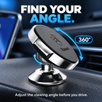 Magnetic phone holder with blue arrows illustrating 360-degree adjustment