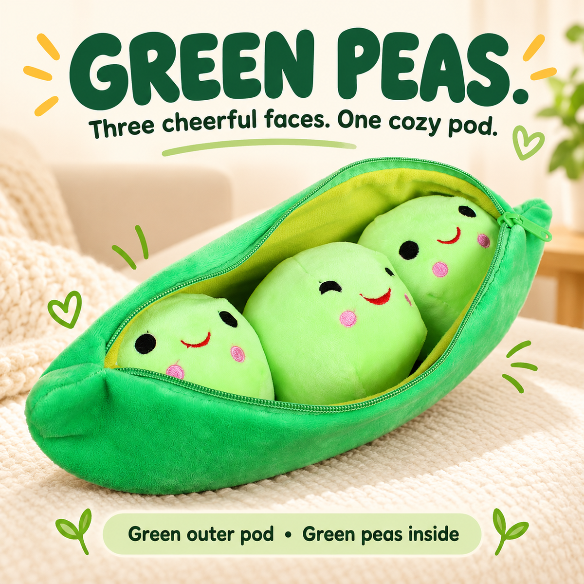 Green outer plush pod with three green peas inside