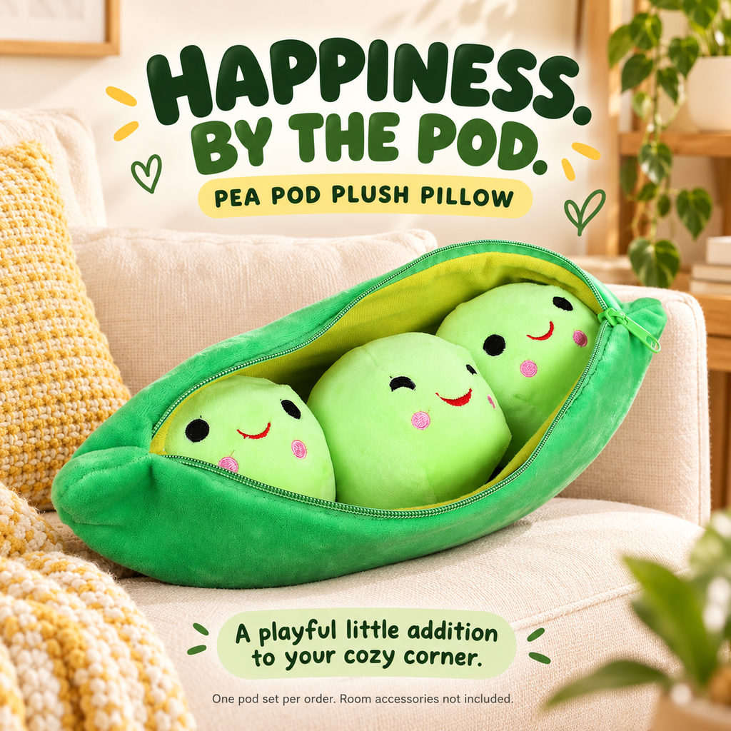 Green pea pod plush pillow on a cream sofa; room accessories not included