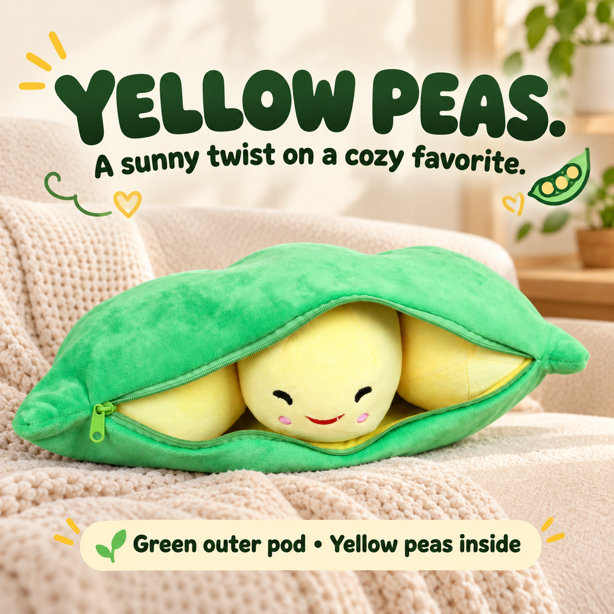 Green outer plush pod with yellow peas inside
