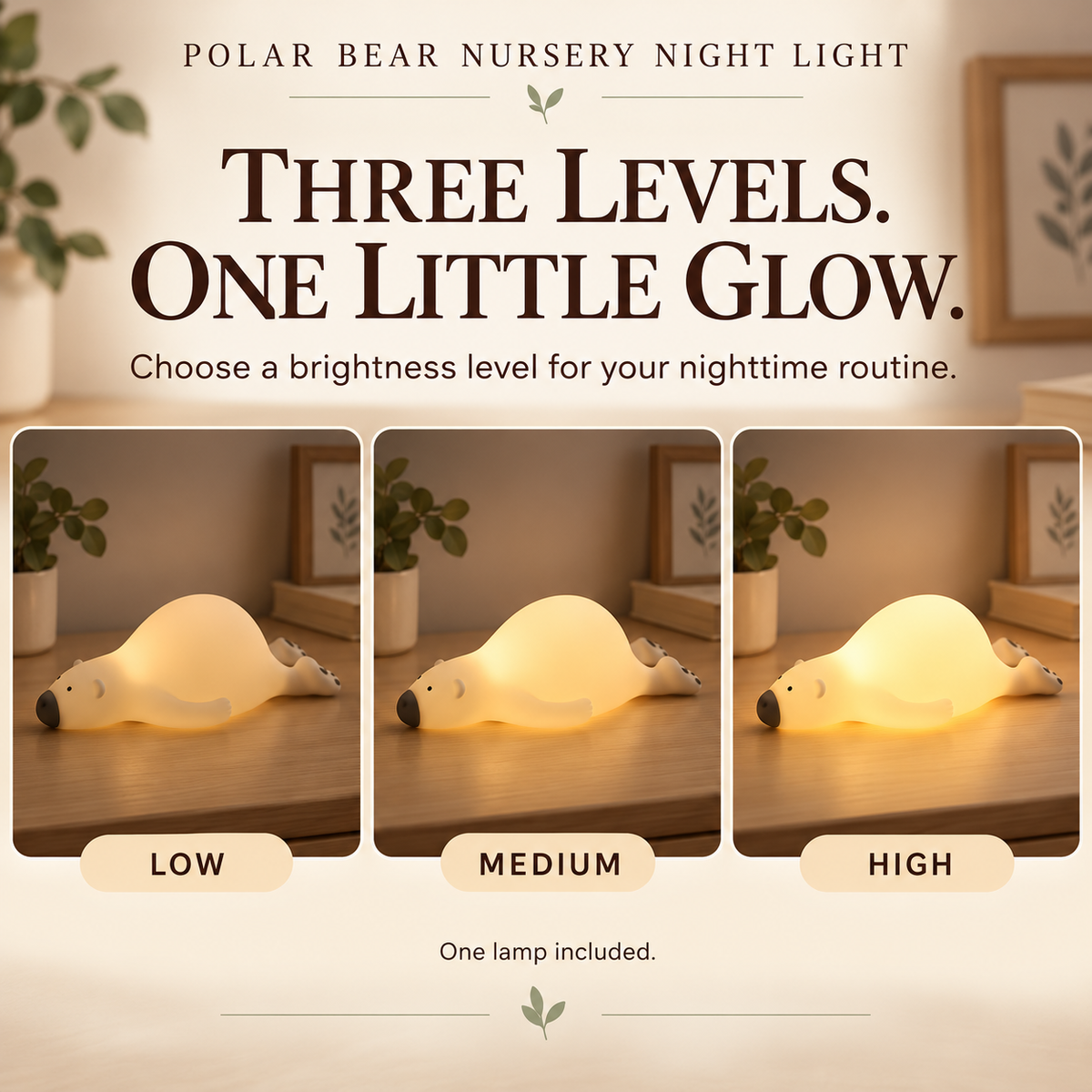 Polar bear nursery night light: three brightness levels