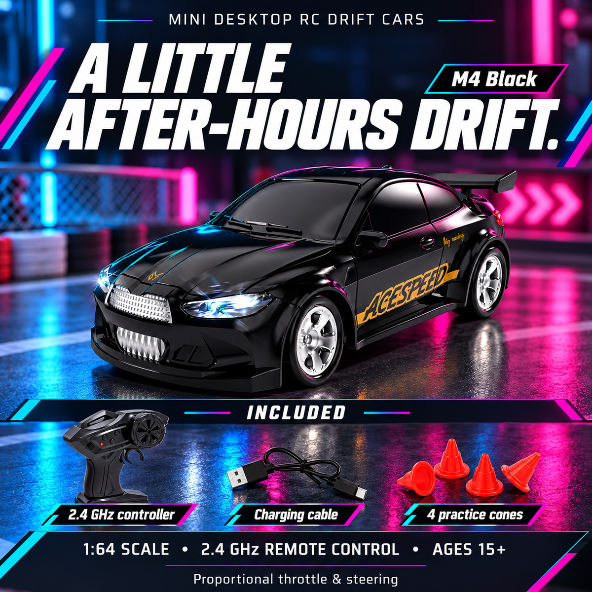 M4 Black mini RC drift car with controller, charging cable and four practice cones; ages 15+