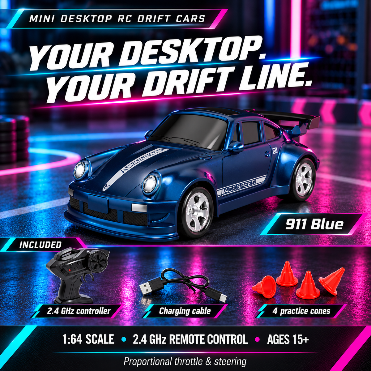 911 Blue mini RC drift car with controller, charging cable and four practice cones; ages 15+