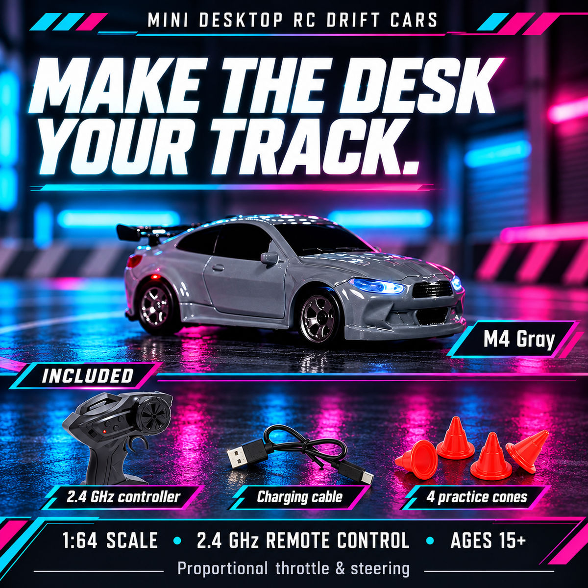 M4 Gray mini RC drift car with controller, charging cable and four practice cones; ages 15+