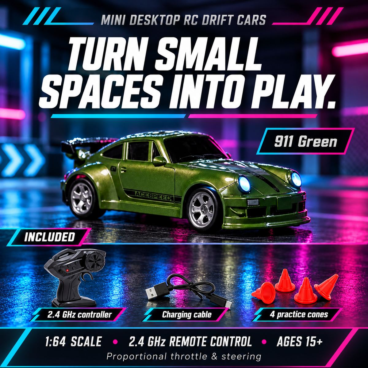 911 Green mini RC drift car with controller, charging cable and four practice cones; ages 15+