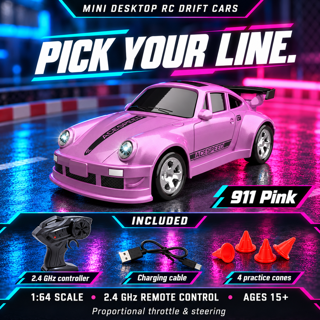 911 Pink mini RC drift car with controller, charging cable and four practice cones; ages 15+