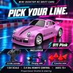 911 Pink mini RC drift car with controller, charging cable and four practice cones; ages 15+
