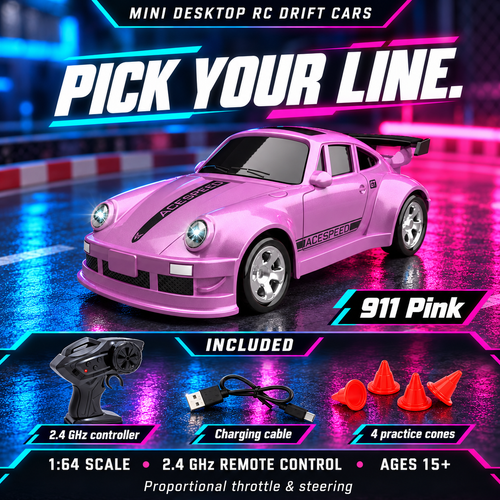 911 Pink mini RC drift car with controller, charging cable and four practice cones; ages 15+