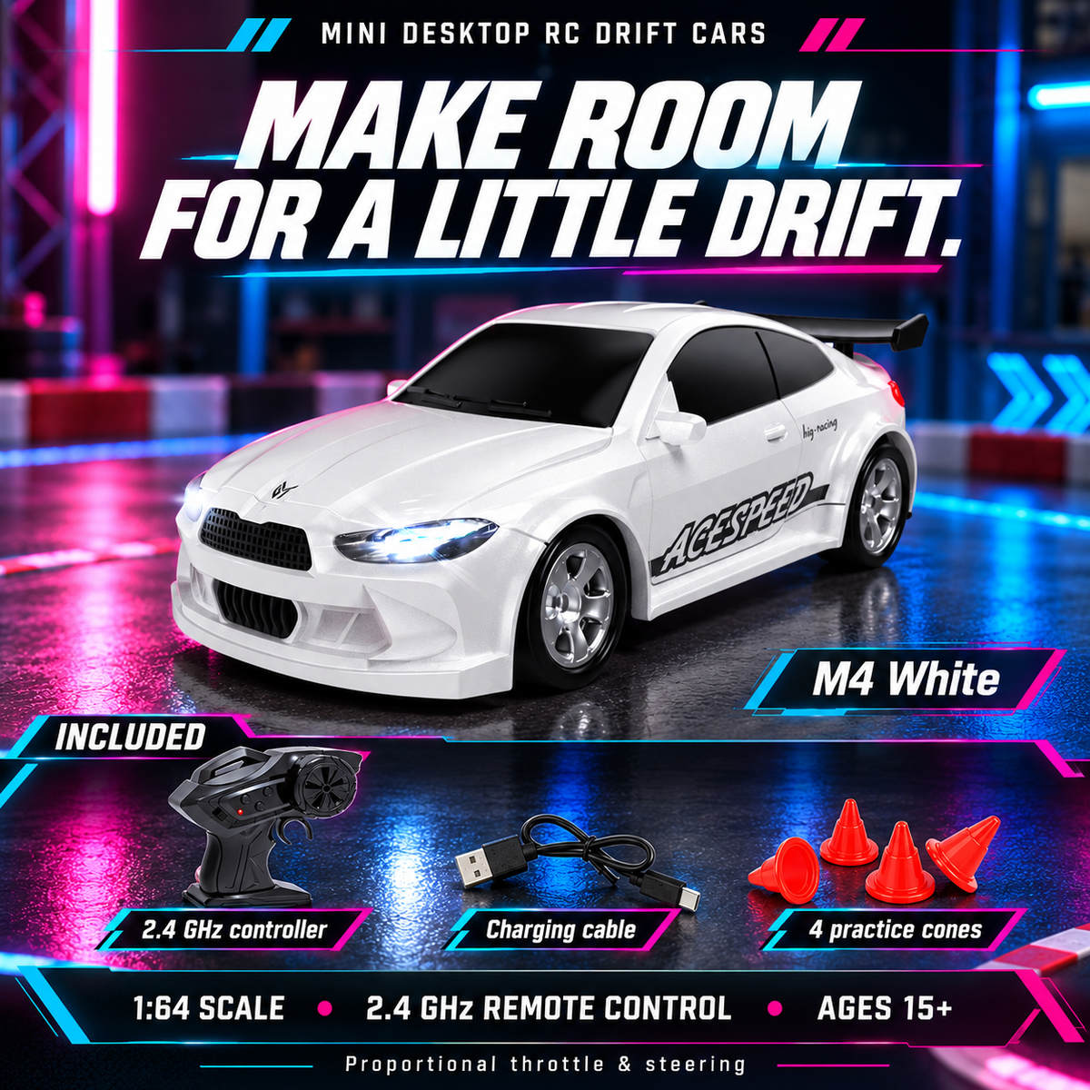 M4 White mini RC drift car with controller, charging cable and four practice cones; ages 15+