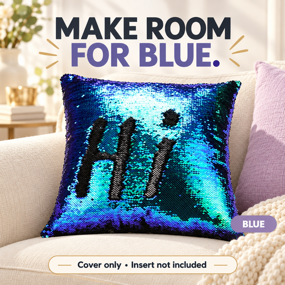 Reversible sequin cushion cover — blue