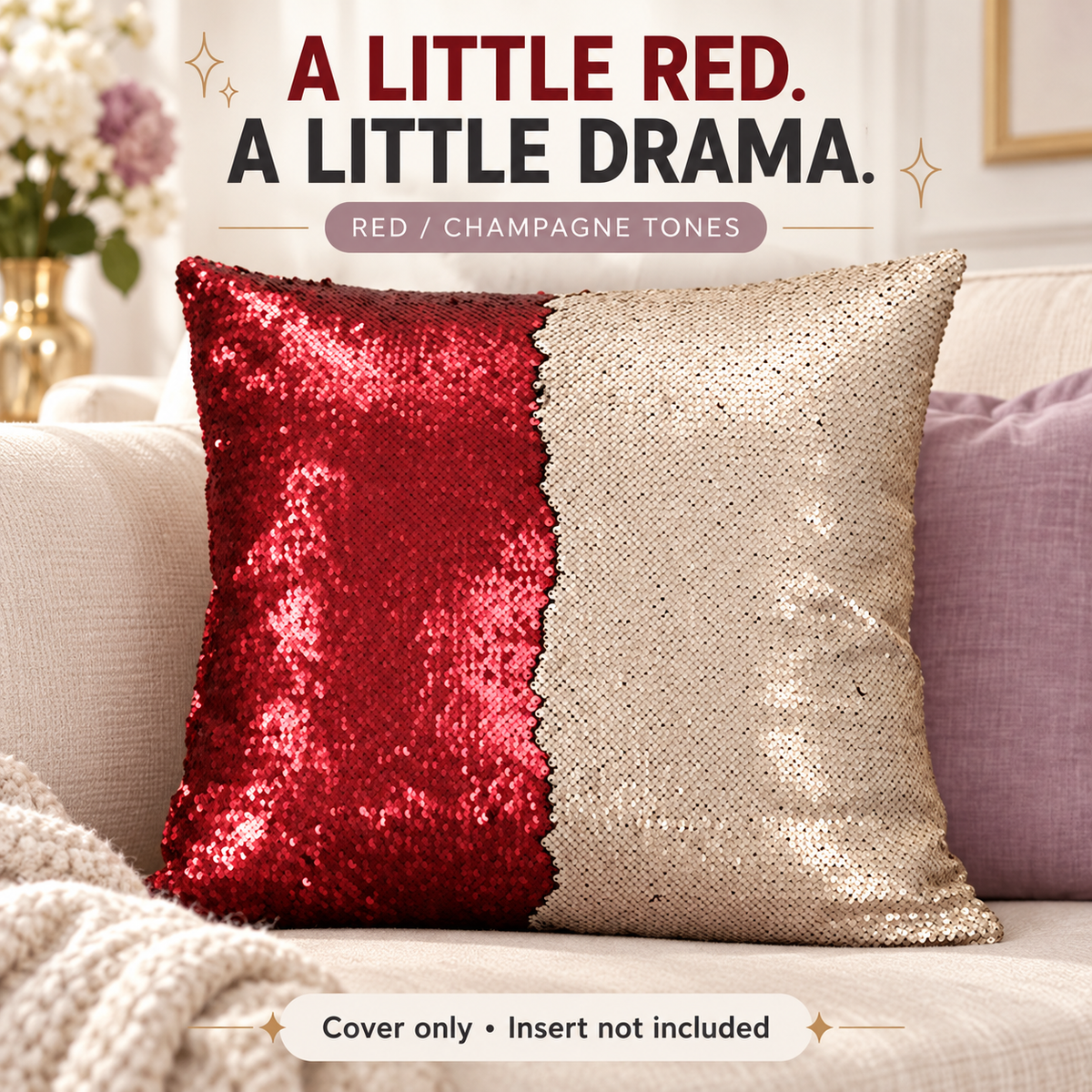 Reversible sequin cushion cover — red